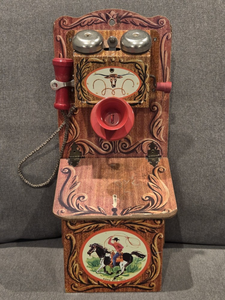 Vintage Gong Bell Toys Western Tin Litho Toy Phone Cowboy 1950s Childs MCM