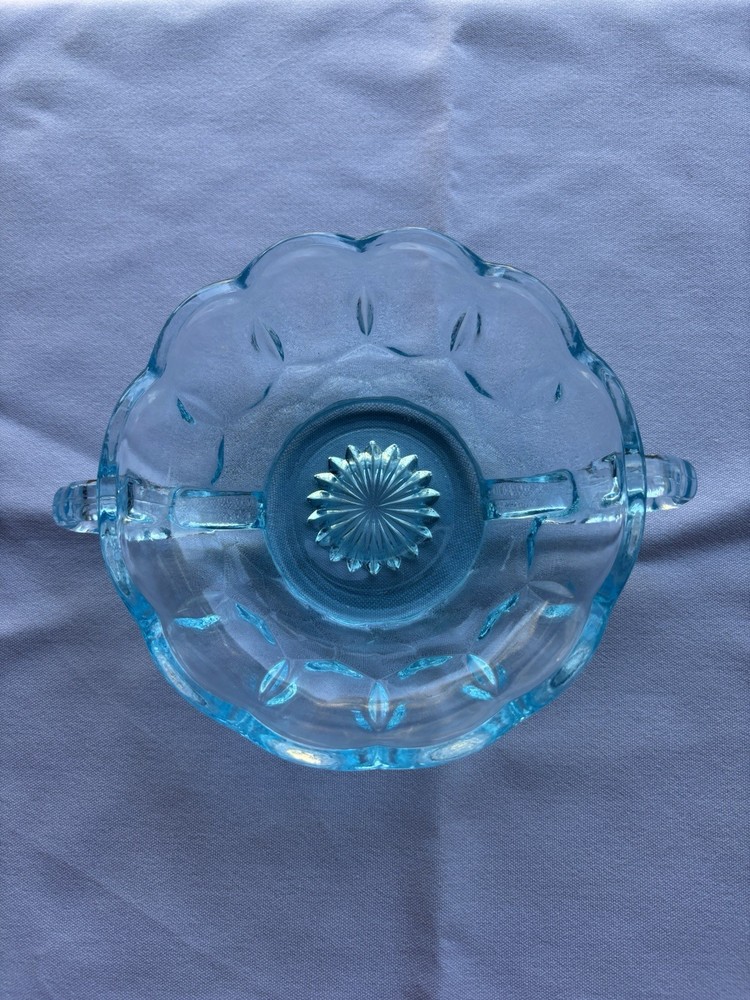 Vintage Anchor Hocking Fairfield Aqua Blue Glass Bowl Candy Dish with Handles