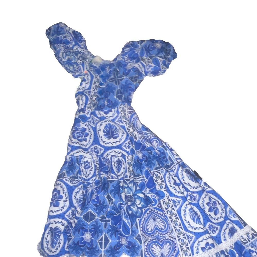 FARM Rio Blue White Floral Smocked Midi Dress Size S Square Neck Ruffle