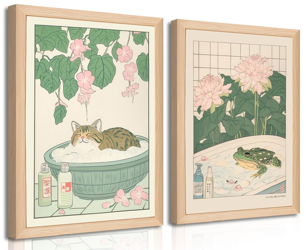 Set of 2 Japanese Bathroom Wall Art Framed Canvas with Cats & Frogs, Wooden F...