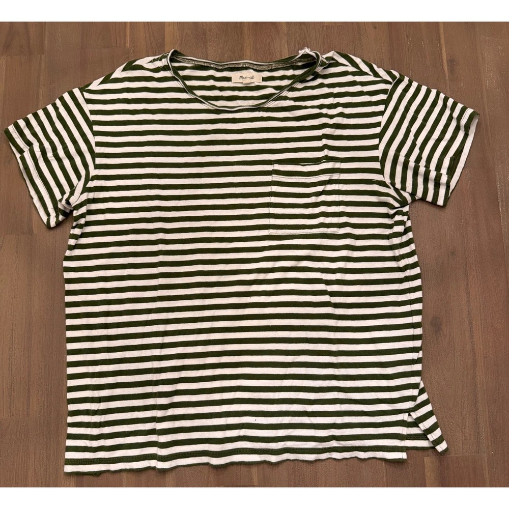 Madewell Womens Green White Striped Short Sleeve Pocket T-Shirt Size L Cotton