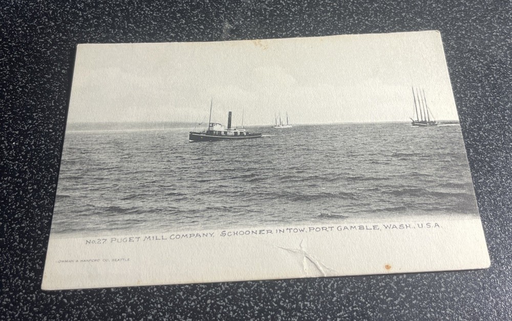 Vtg Postcard - Puget Mill Company, Schooner In Towe, Port Gamble, Wash.
