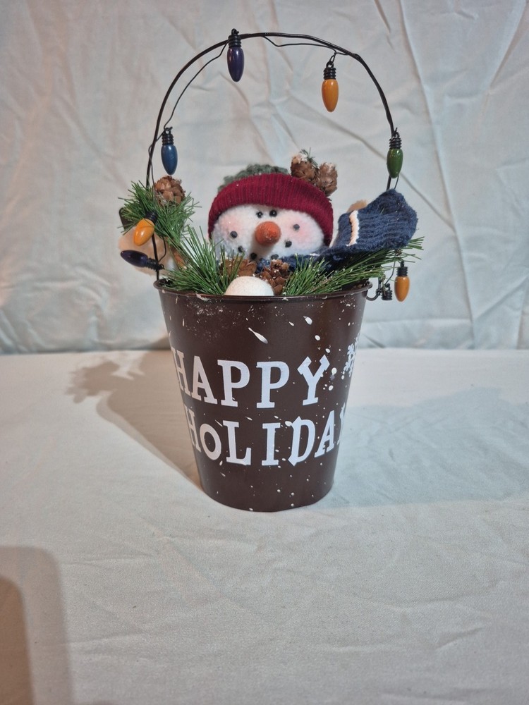 Christmas Holiday Plush Snowman Hanging Decor Tin Bucket Brown