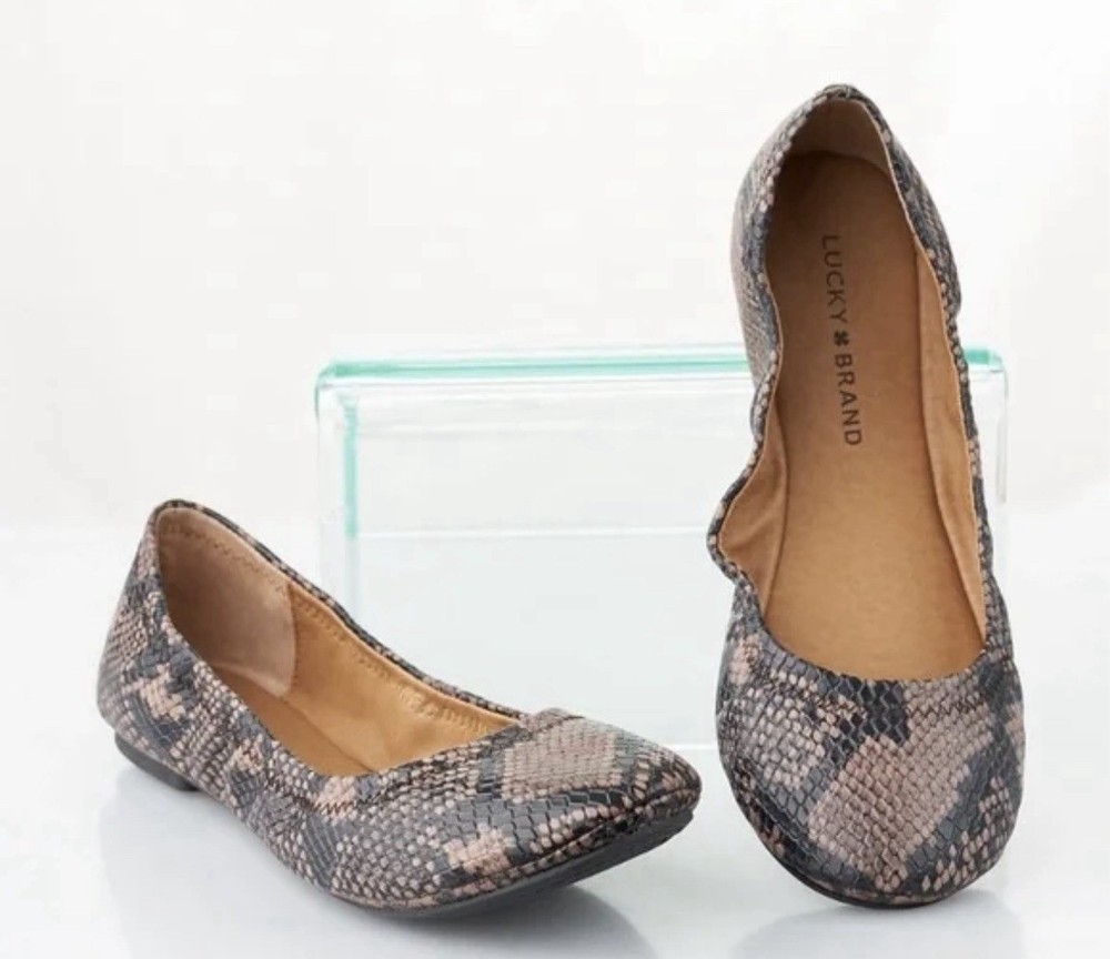 Lucky Brand LK-Emmie Gray Beige Leather Snake Ballet Flats Shoes Women Sz 7M US