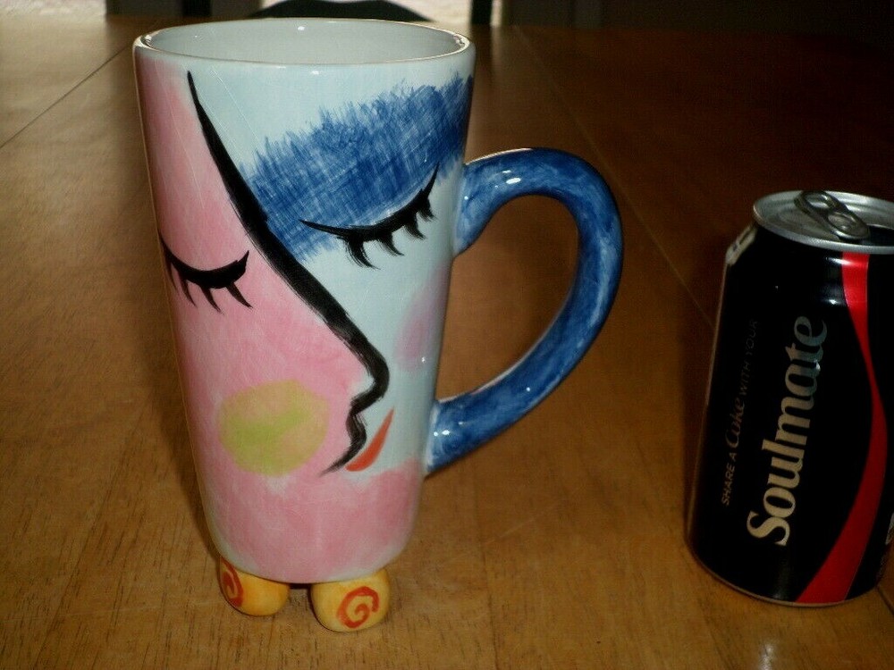 Abstract Face Art Tall Jumbo Ceramic Coffee Mug Handmade-image