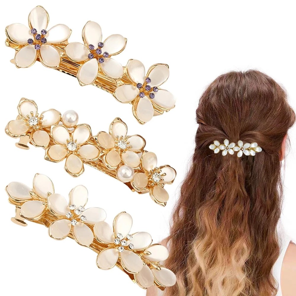 3 PCS Flower Hair Clips for Women Vintage Rhinestone Opal Hair Barrettes Flower