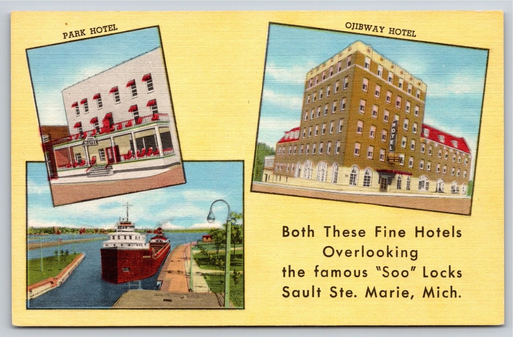 Sault Ste Marie Michigan~Park & Ojibway Hotels Overlooking Locks~Linen Postcard