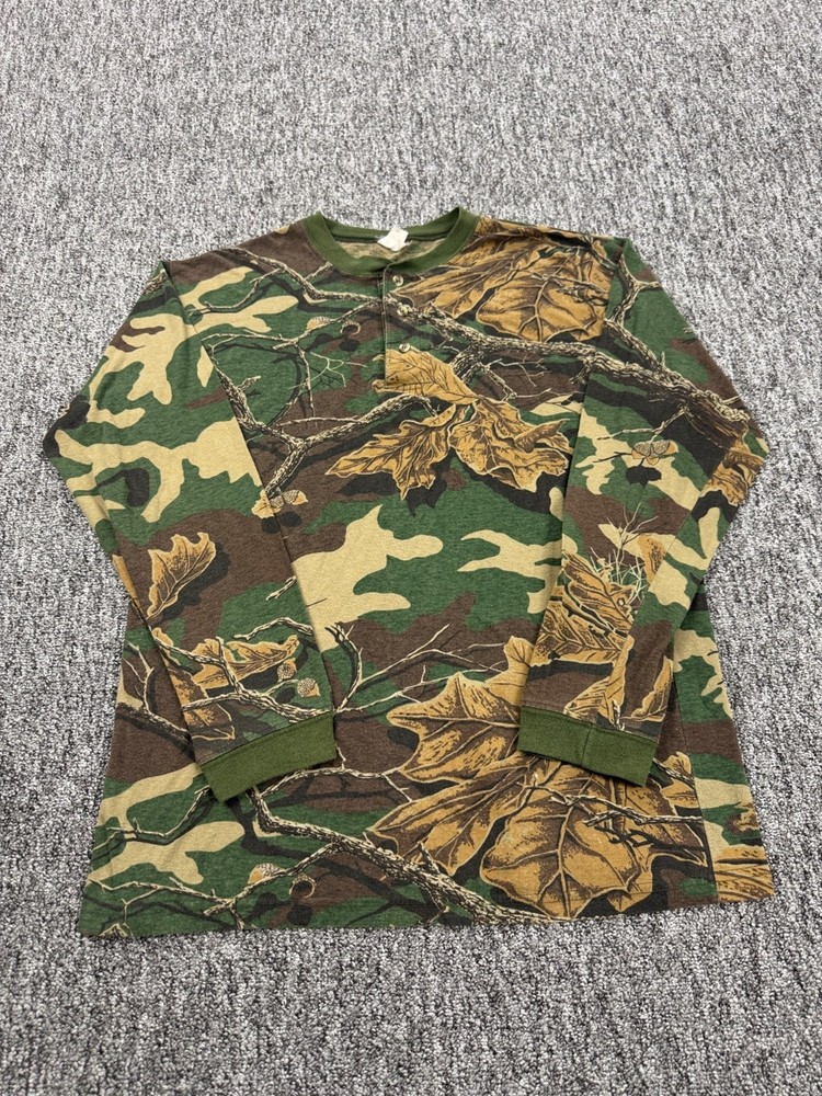 Vtg Horizon Shirt Men Large Woodland Camo Single Stitch Long Sleeve Henley USA