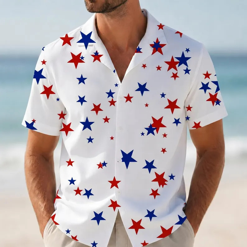 Patriotic Star Hawaiian Shirt, Red White Blue 4th Of July Beach Shirt