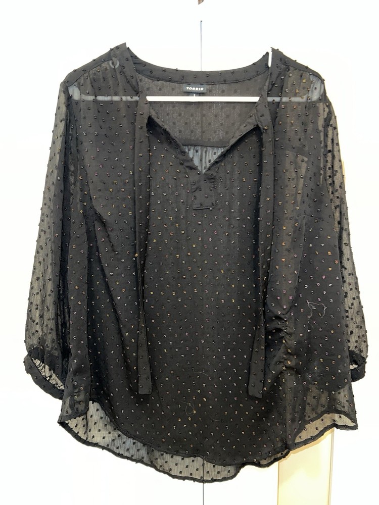 Torrid Blouse Top Plus Size 1 (14/16) Black Multi Shimmer Swiss Dot Print EUC