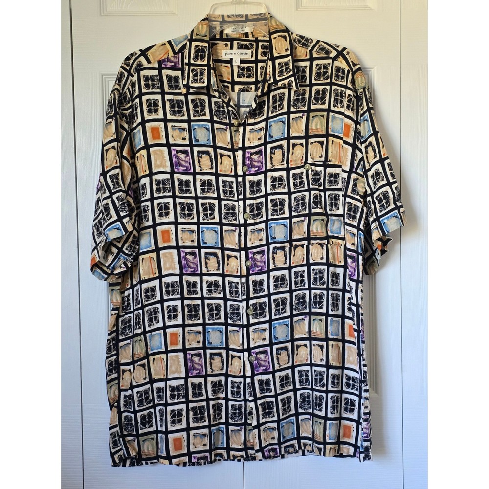 Pierre Cardin Vintage 90s Mens Large Rayon Abstract Geometric Grid Print Shirt