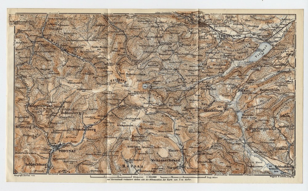 1911 ANTIQUE MAP OF VICINITY OF TODTNAU FELDBERG TITISEE BLACK FOREST / GERMANY