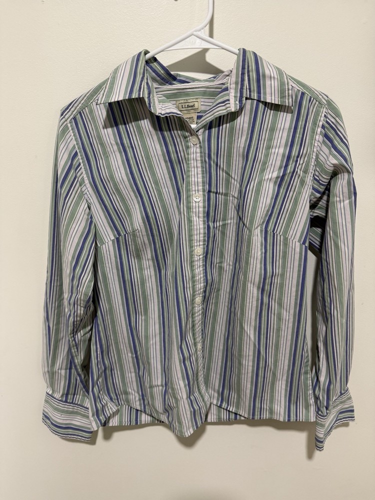 L.L. Bean Women's Striped Collared Button-Down Shirt S Green Blue