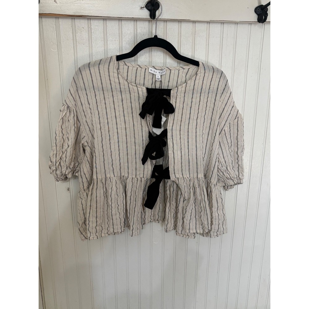 Miou Muse Striped Lace Up Peplum Blouse Top Women's Large Beige Black Bow Detail