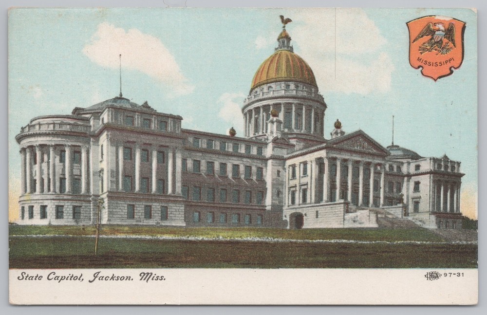 State View~State Capitol Bldg~Coat Of Arms~Jackson MS~Grounds~Vintage Postcard