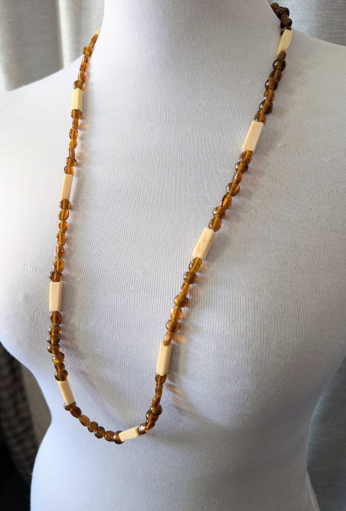 Vintage Long Brown Glass Bone Single Strand Beaded Necklace
