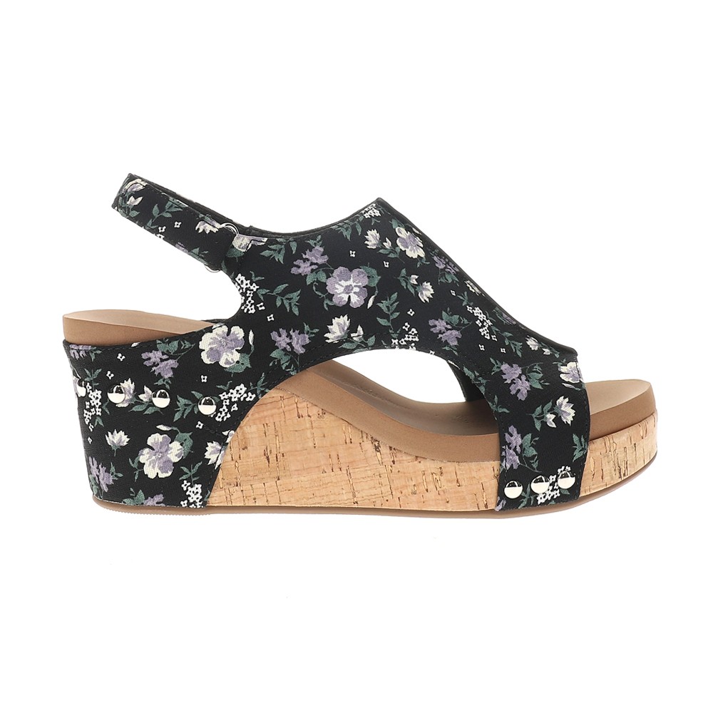 Corkys Carley Floral Slingback Wedge  Womens Black Casual Sandals 30-5316-BKFL