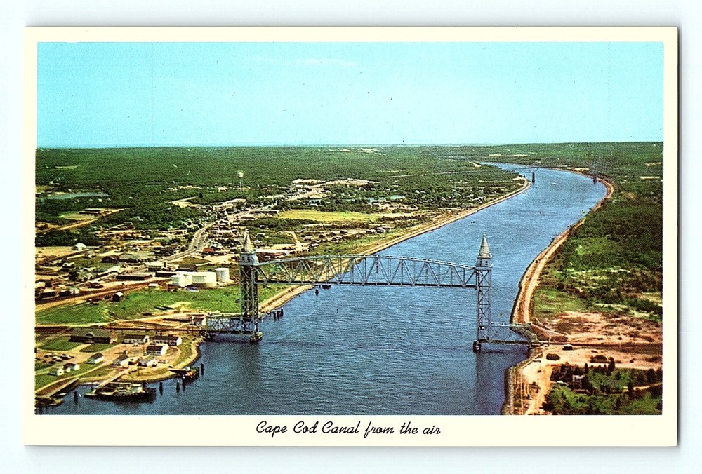 Birdseye View Cape Cod Canal Railroad Bridge Bourne Sagamore Bridges Postcard E8