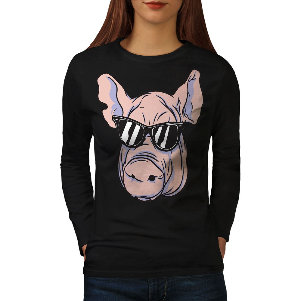 Wellcoda Pig With Sunglasses Cool And Stylish Womens Long Sleeve T-shirt