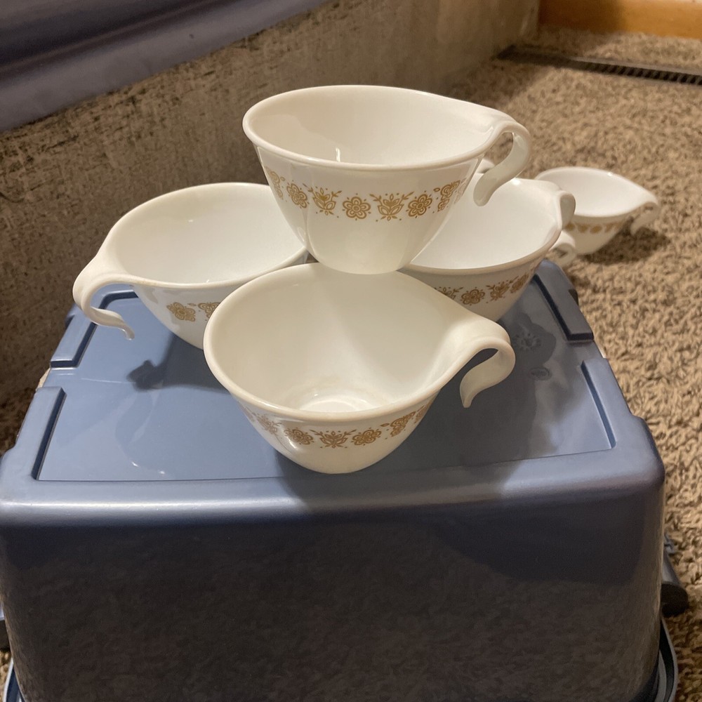 Vintage 70's Corningware Corelle Coffee Cups Butterfly Gold Hook Handle Set of 4