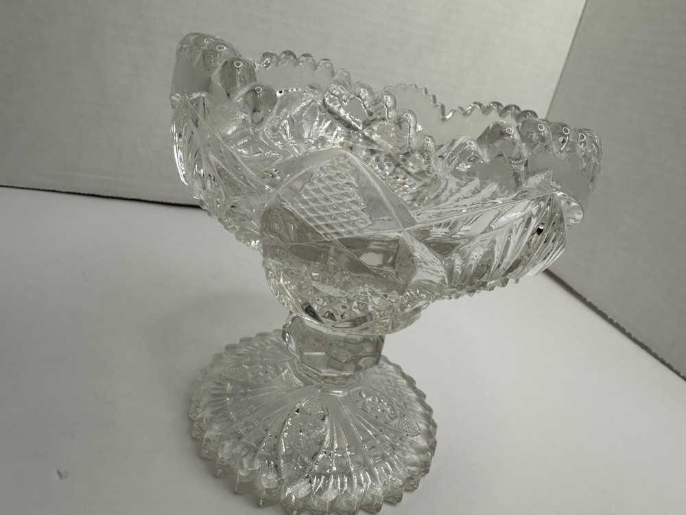 Cut Glass Pedestal Bowl with Scalloped Rim Candy Fruit, Trinket Ice Cream 2 1/2”