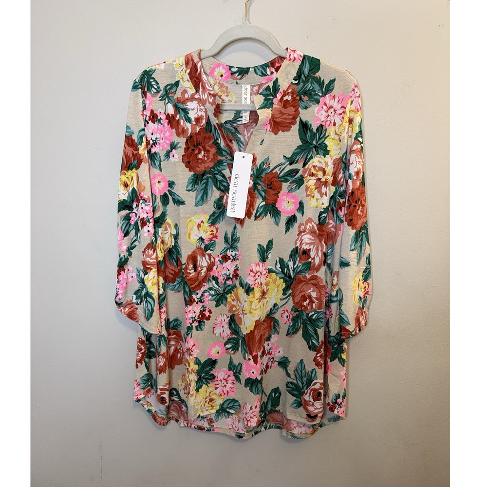 Dear Scarlett Floral Split Neck Roll Tab 3/4 Sleeve Tunic Blouse Size XL