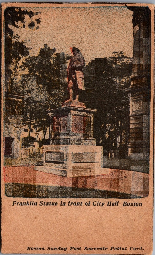 Franklin Statue City Hall Boston MA Postcard Early 1900s Souvenir