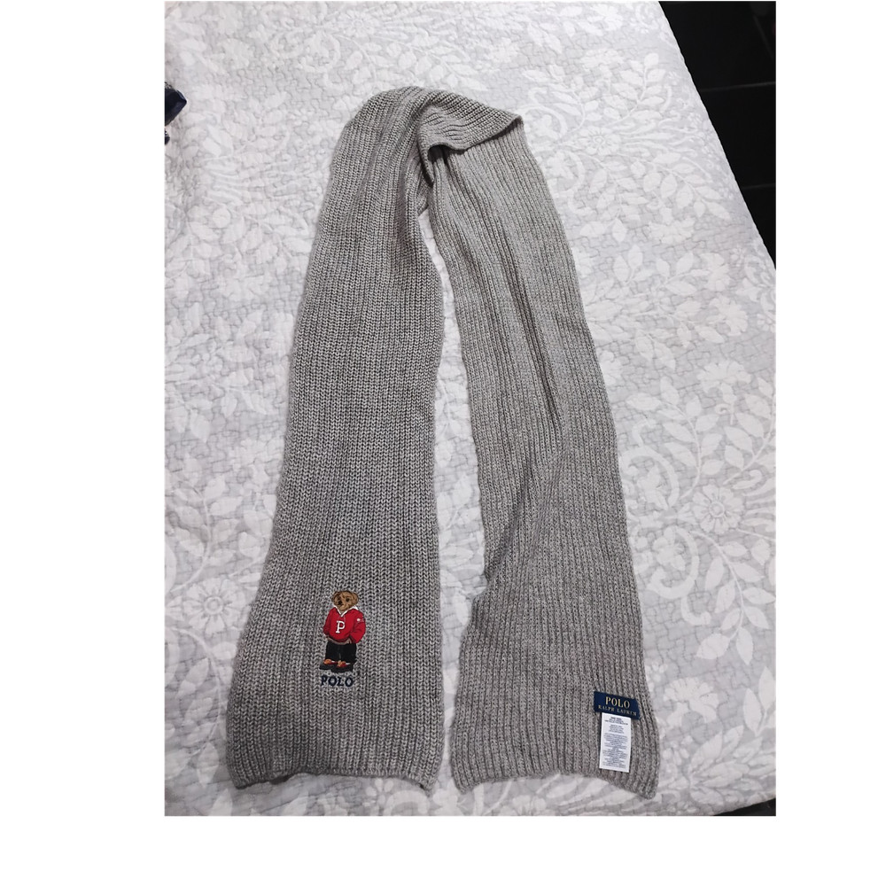 Polo Ralph Lauren Bear Gray Knit Scarf Men's One Size Cotton Merino Wool Logo