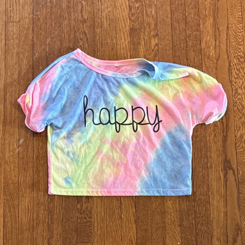 Happy Tie-Dye Graphic Cropped T-Shirt Cotton Multicolor Women Size S