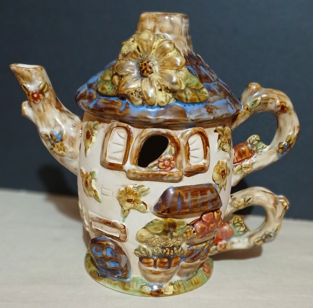 Hand Painted Ceramic Candle Holder Tea Pot House/Cottage Design
