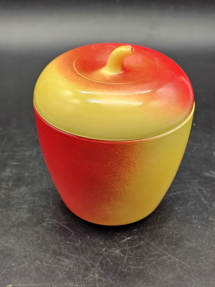 Vintage Hazel  Atlas Glass Apple Sugar Jar with Lid 4” Red & Yellow