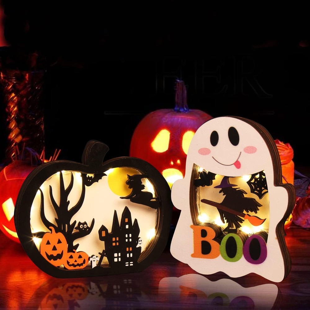 CCINEE 2-Pack Halloween Wooden Ghost Pumpkin Table Decor with Lights - Medium Size