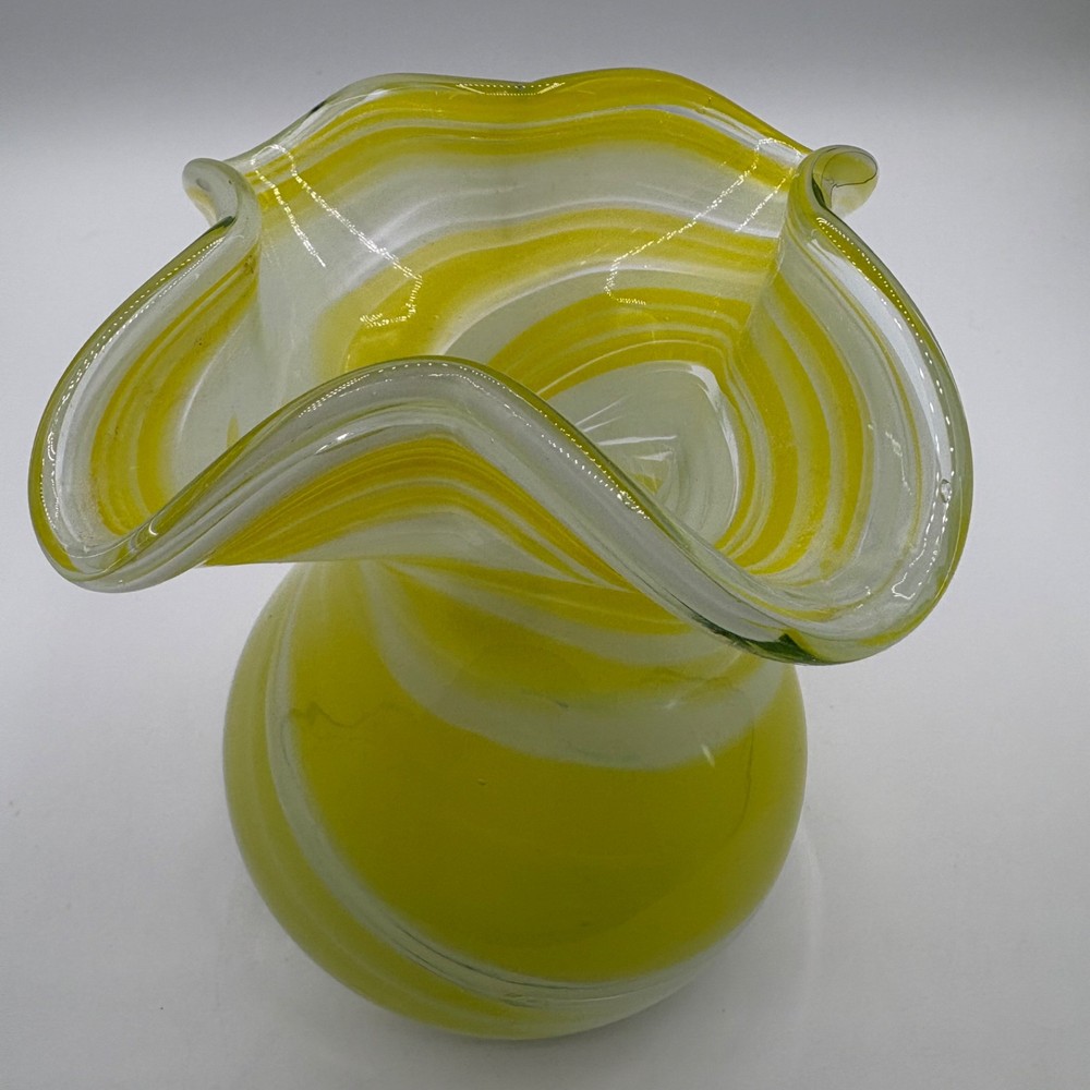 Vintage Smith's Old Timer Handblown Murano Style Vase Yellow White Handkerchief