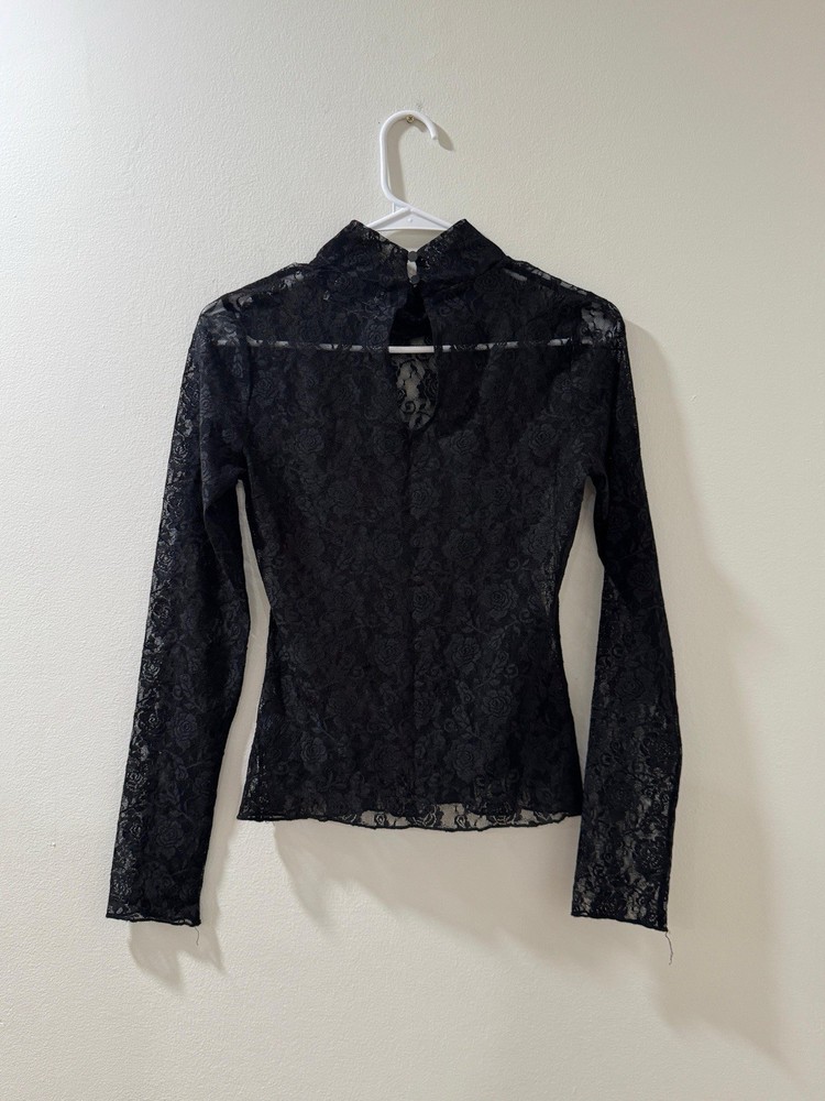 Urban Outfitters Black Floral Lace Top Mock Neck Sheer Long Sleeve Size S P
