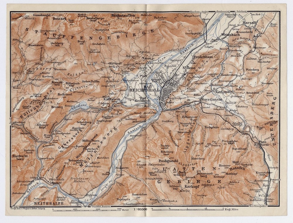 1910 Original Antique Map Of Bad Reichenhall And Vicinity Bayern Bavaria Germany