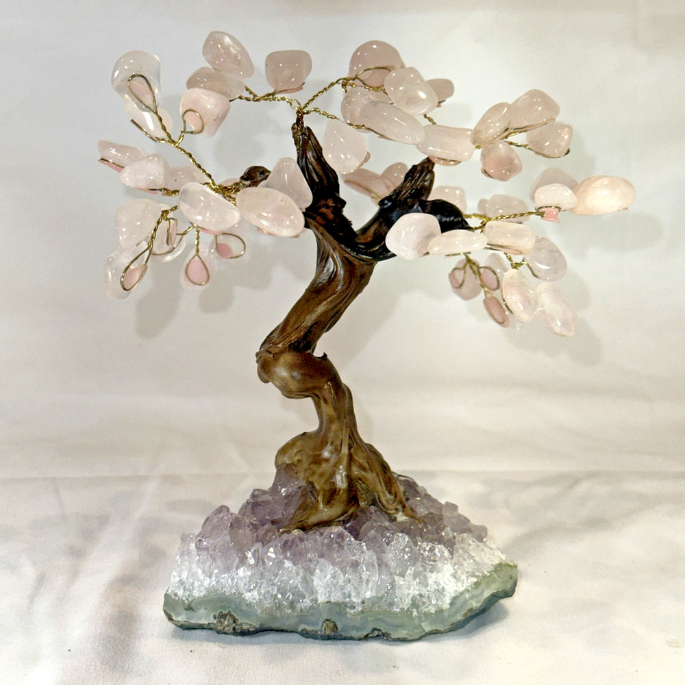 Rose Quartz Crystal Gemstone Bonsai Tree of Life Chakra on Amethyst Base 6