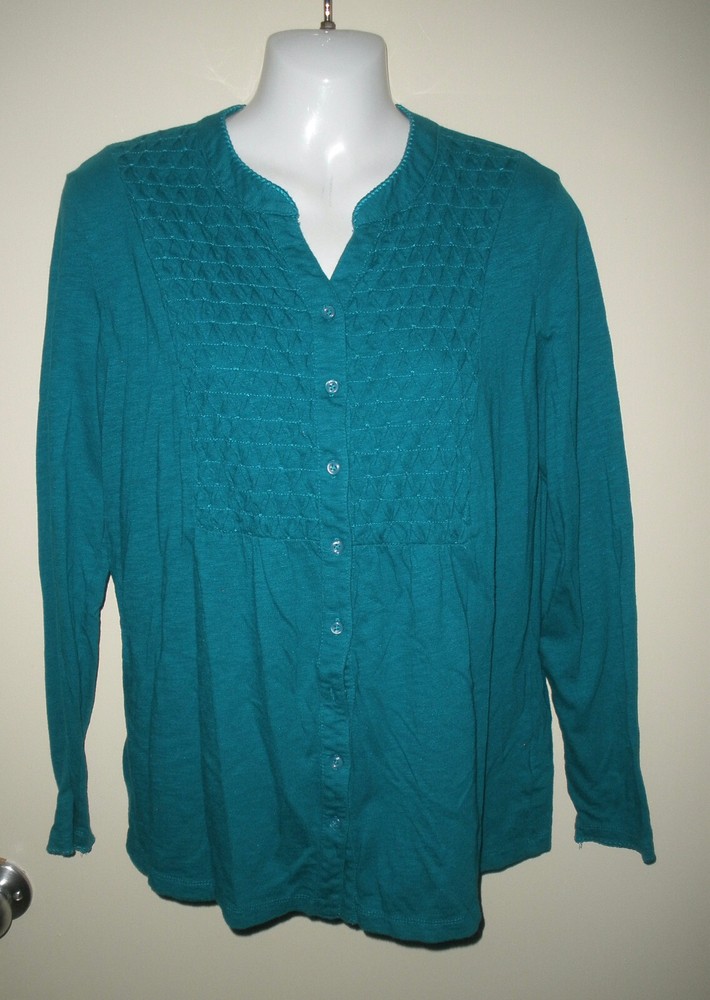 #1132 LL Beans  Misses M Turquoise Stretch Knit Smocking Button up Soft Modal