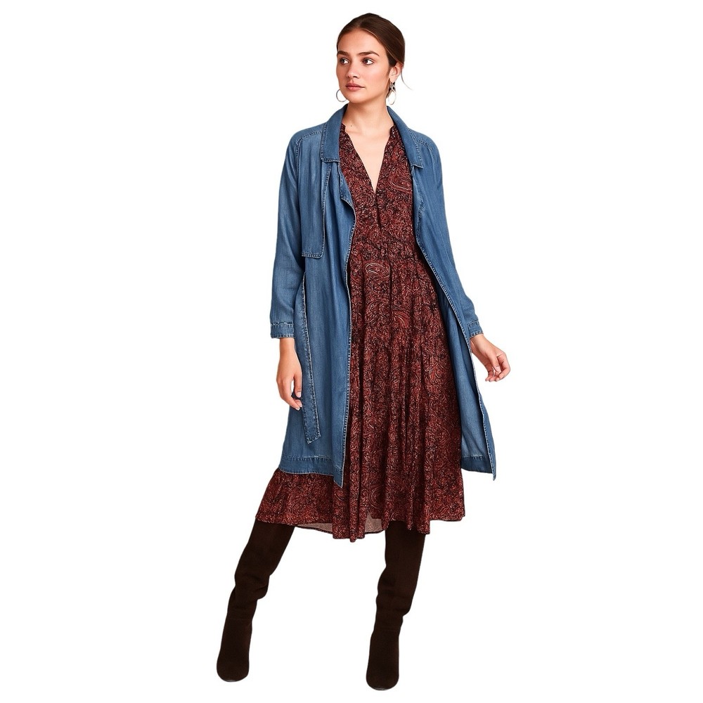 Anthropologie Cloth+Stone Tencel Chambray Denim Trench Coat Duster Jacket medium