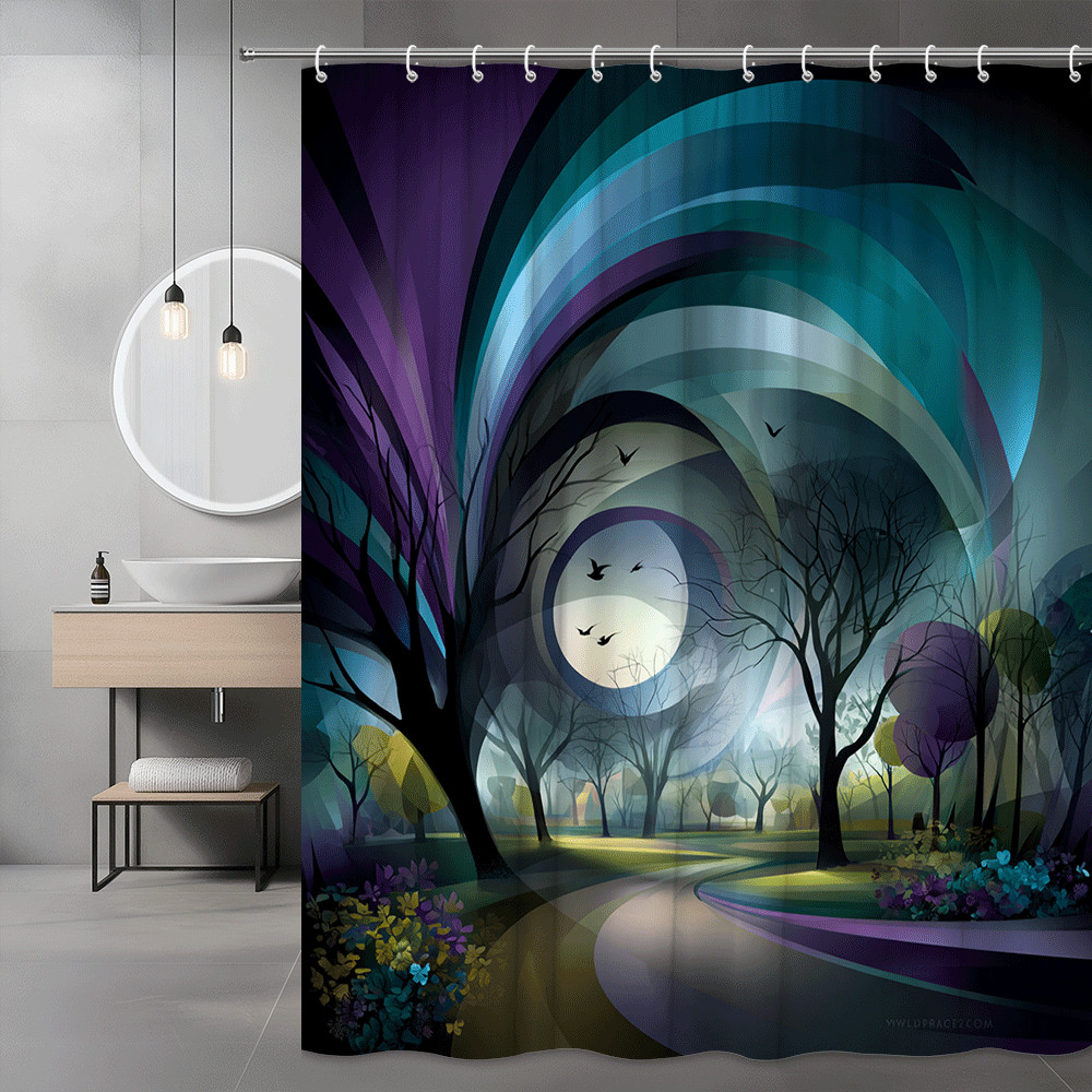 Abstract Forest Shower Curtain Moon Birds Night Landscape
