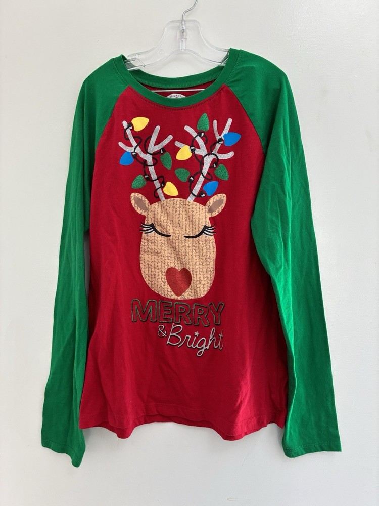 Holiday Time Kids Girls Glitter Reindeer Christmas Raglan Sleeve Shirt Red 14-16