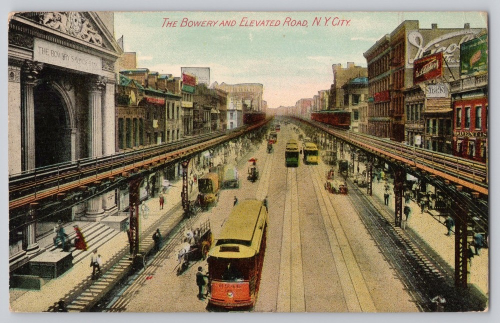 NY New York City The Bowery and Elevated Road Trolleys 1910 Antique Postcard