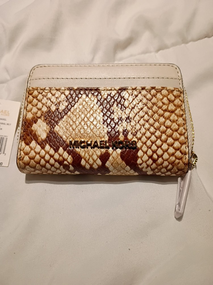 NWT Michael Kors Brown Snake Embossed Jet Set Small Zip Around Wallet Card Case