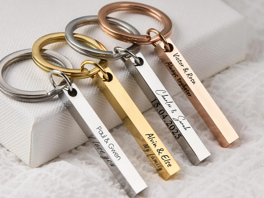 Personalised Engraved Bar Keyring Custom Name Date Symbol Four Sides Keychain