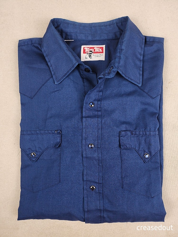 Vtg Tem Tex Solid Blue Pearl Snap Button Up Western LS Shirt Mens Size XL