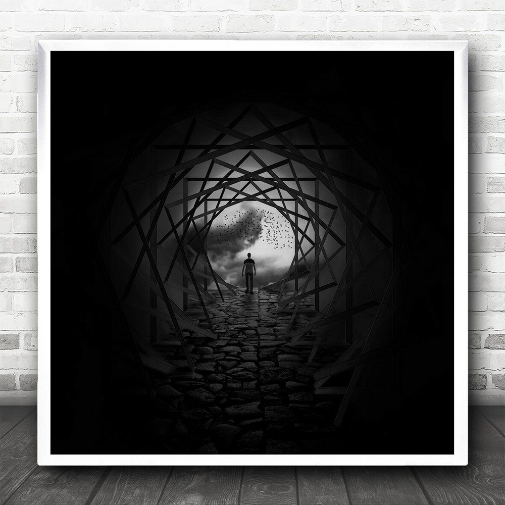 Dark Hexagon Bricks Stone Path Man Figure Square Wall Art Print