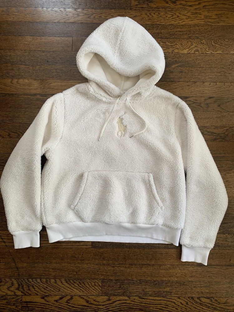 Polo Ralph Lauren Sherpa Fleece Hoodie Cream White Big Pony Logo Womens L