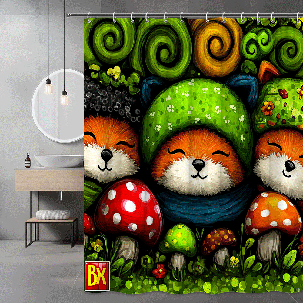 Cute Fox Mushroom Shower Curtain, Green Swirl Fantasy Print