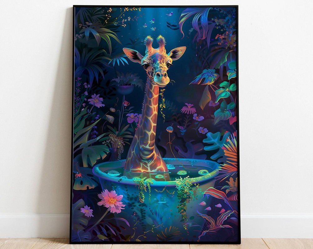 Giraffe In A Tub Bathroom Wall Art Botanical Animal Print Maximalist Animal In