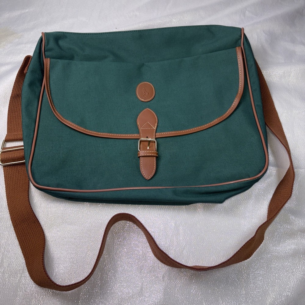 Ralph Lauren Vintage Messenger Bag Hunter Green Canvas Satchel Brown Trim