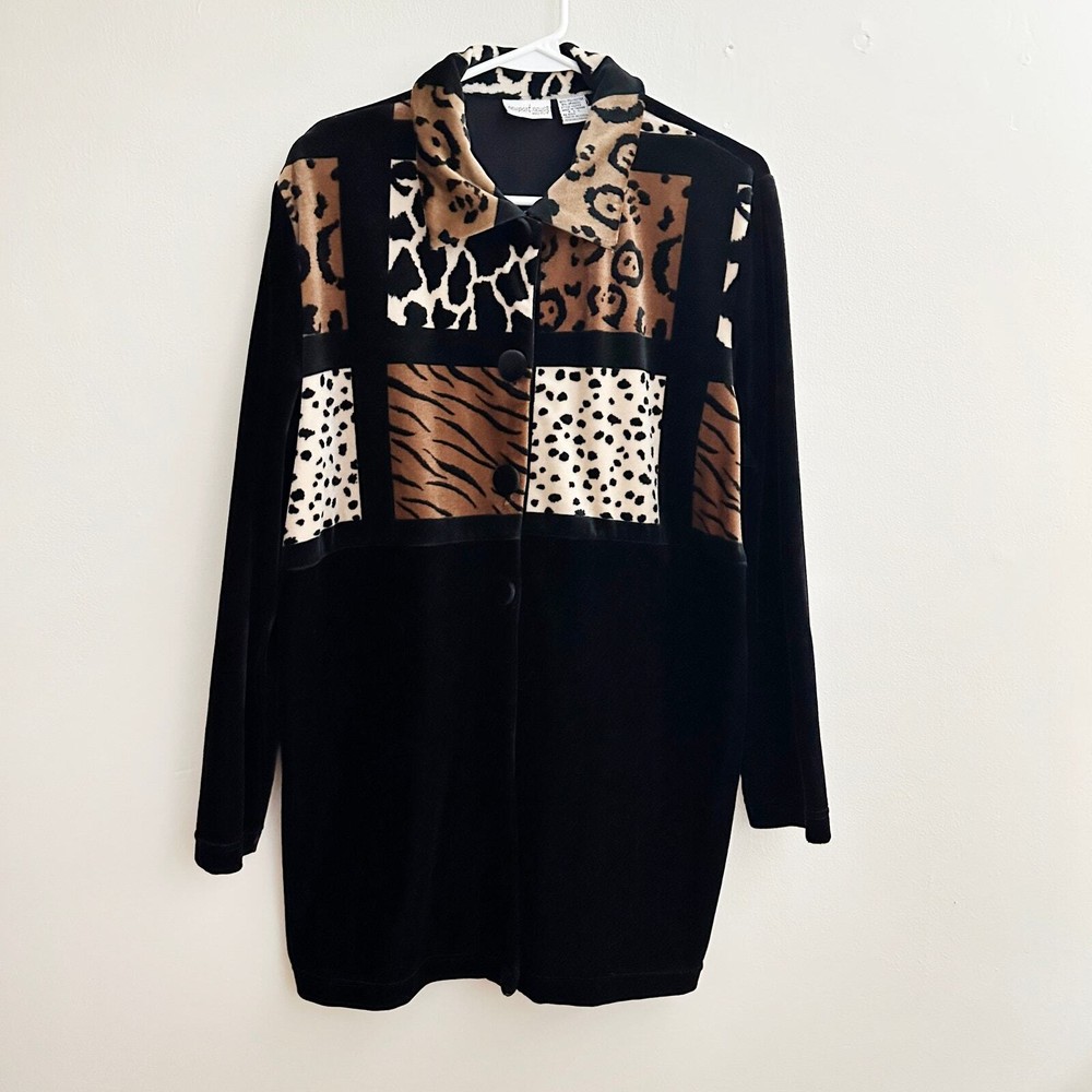 Newport News Vintage Velour Sweater Jacket Animal Print Cheetah Leopard Jacket M